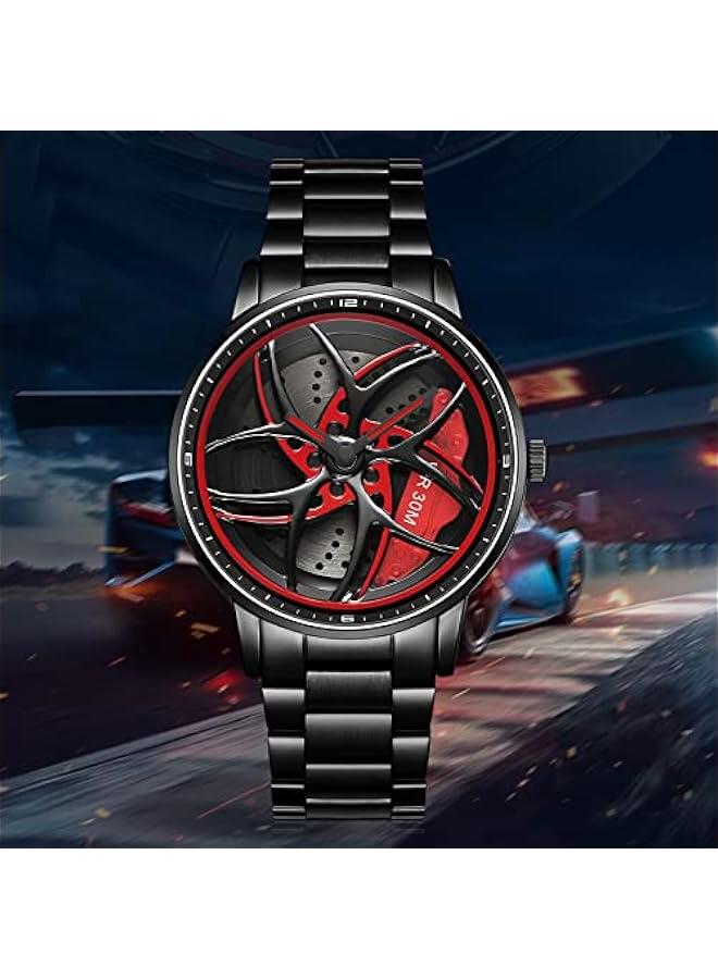 Men's Watch Designer 3D Skeleton Rotation Car Wheel Stainless Steel Leather Band Wrist Watches for Men Analog Quartz Watch Daily Life Waterproof Unique Creative  - Image 5