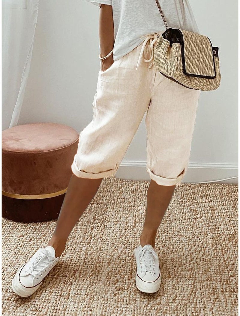 Women's Cotton Linen Mid-Rise Casual Capri Pants with Pockets - Loose Fit, Commuter Style, Spring 2023