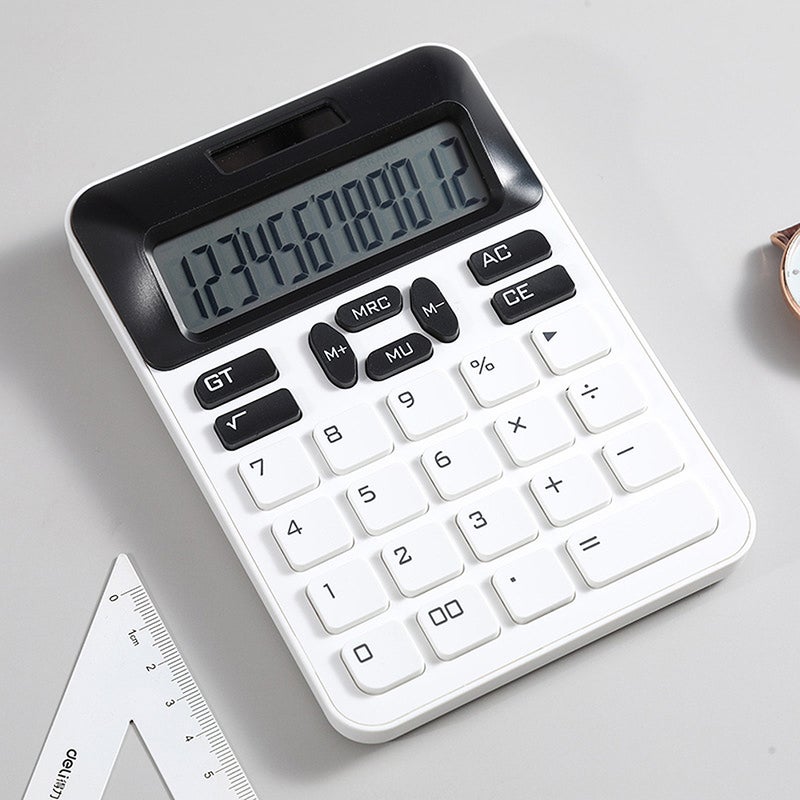 Mechanical Calculator 12 Digit Large Solar Power and LCD Display Big Button Cute Candy Colored Calculator Suitable for Office School Home for Kids Students Accountant - White - Image 2