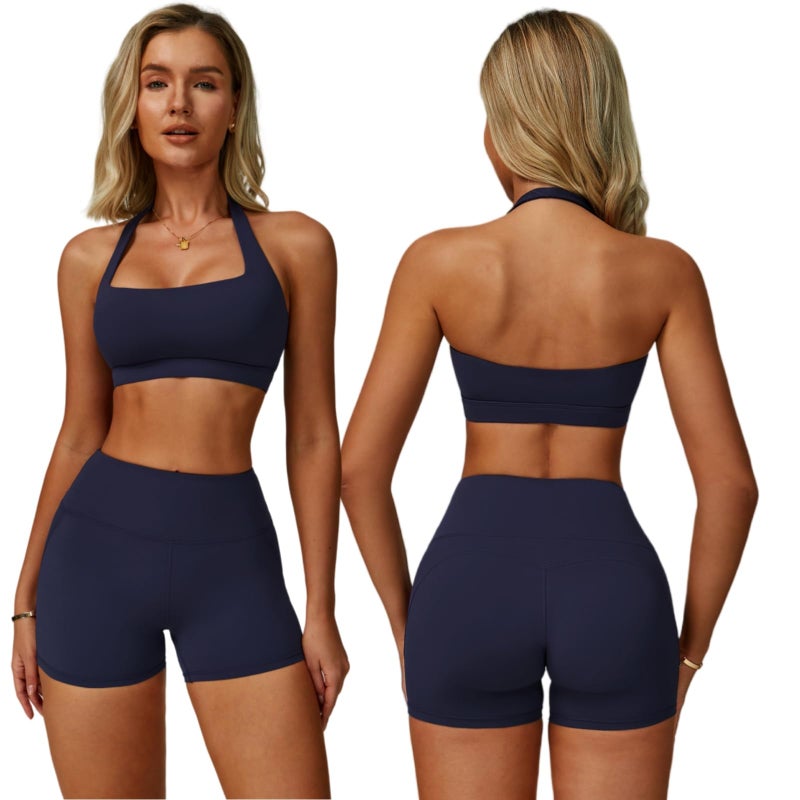 ABOCIW Workout Sets for Women Square Neck Halter Sports Bra High Waist Biker Shorts 2 Piece Gym Set Yoga Pilates Outfits Athletic Work Out Clothes Navy Small - Image 1