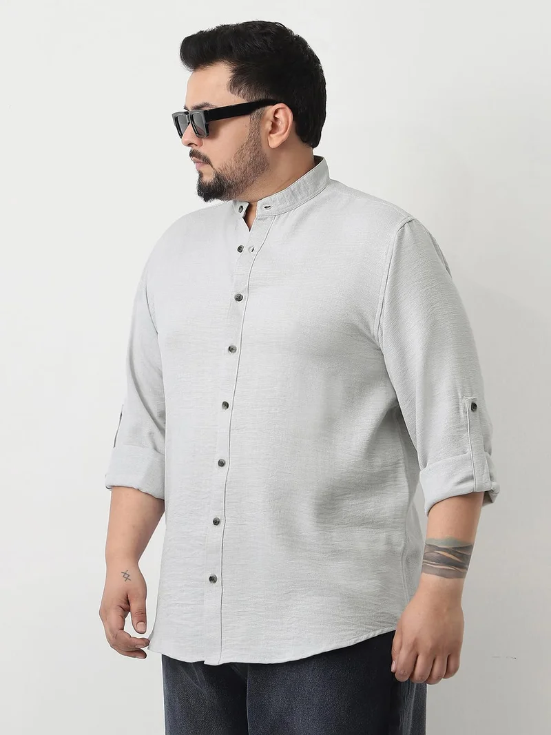 Urbano Fashion  Urbano Plus Men's Light Grey Linen Blend Full Sleeve Relaxed Fit Mandarin Collar Casual Solid Shirt  | Best Price UAE