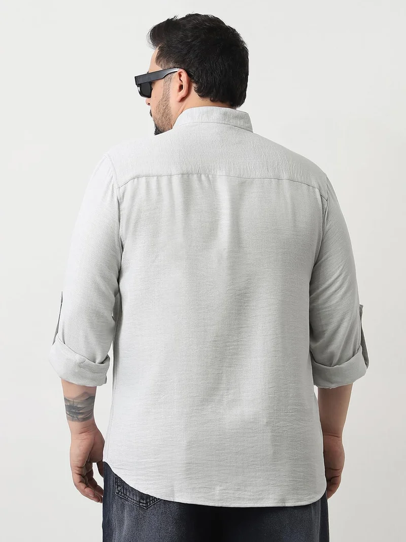 Urbano Fashion  Urbano Plus Men's Light Grey Linen Blend Full Sleeve Relaxed Fit Mandarin Collar Casual Solid Shirt  | Best Price UAE