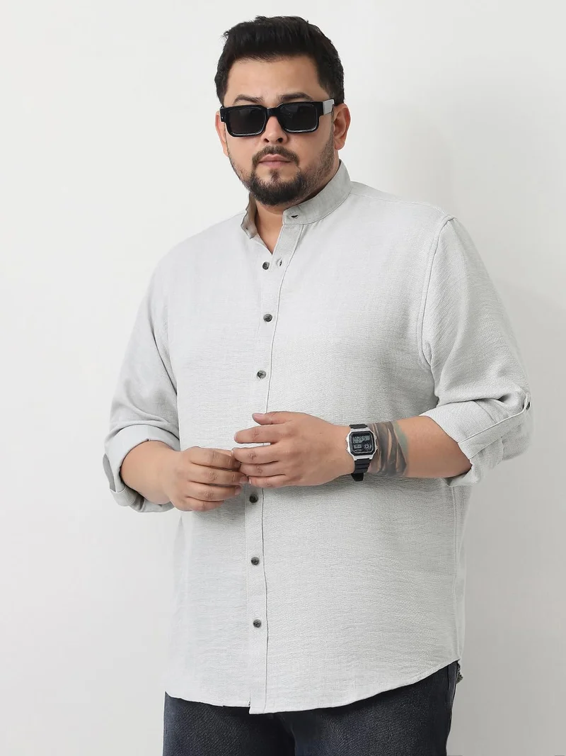 Urbano Fashion  Urbano Plus Men's Light Grey Linen Blend Full Sleeve Relaxed Fit Mandarin Collar Casual Solid Shirt  | Best Price UAE