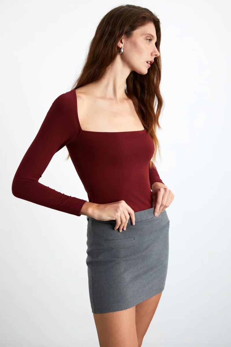 جريميلانج Hillary Women's Viscose Blend Square Collar Slim Fit Burgundy Blouse