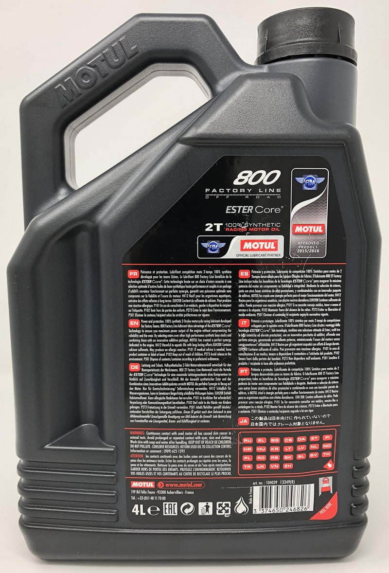 Motul 800 2T Factory Line 100% Synthetic Off Road 2-Stroke Engine Oil 4L (104039) - Image 4