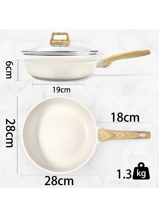 Nonstick Frying Pan Skillet with Lid, 28cm White Granite Non Stick Pans, Omelette Pan with Heat-Resistant Handle, Compatible with All Stovetops, Pfoa Free, Heat Resistant Handle, Induction Compatible - Image 4