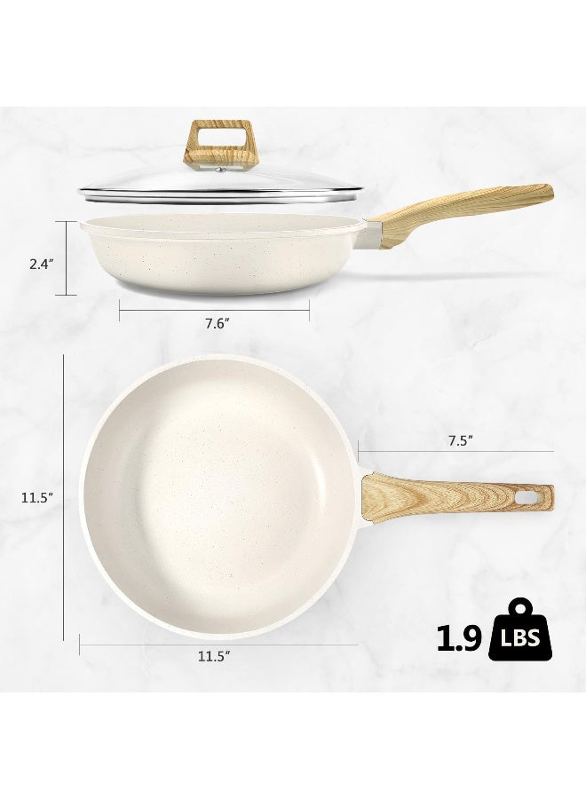 Nonstick Frying Pan Skillet with Lid, 28cm White Granite Non Stick Pans, Omelette Pan with Heat-Resistant Handle, Compatible with All Stovetops, Pfoa Free, Heat Resistant Handle, Induction Compatible - Image 2