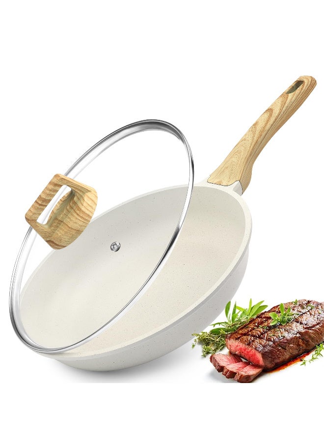 Nonstick Frying Pan Skillet with Lid, 28cm White Granite Non Stick Pans, Omelette Pan with Heat-Resistant Handle, Compatible with All Stovetops, Pfoa Free, Heat Resistant Handle, Induction Compatible - Image 1
