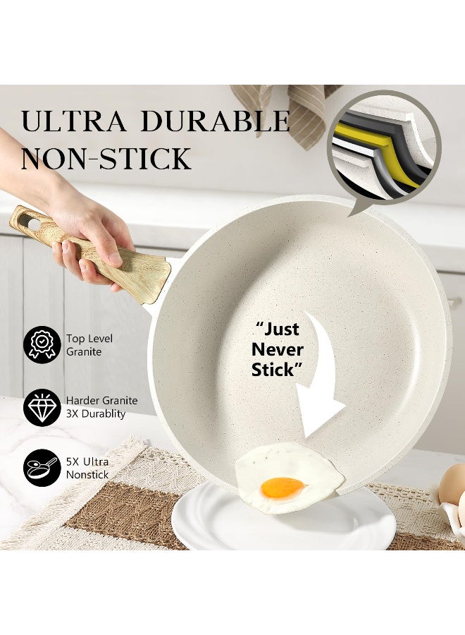 Nonstick Frying Pan Skillet with Lid, 28cm White Granite Non Stick Pans, Omelette Pan with Heat-Resistant Handle, Compatible with All Stovetops, Pfoa Free, Heat Resistant Handle, Induction Compatible - Image 3