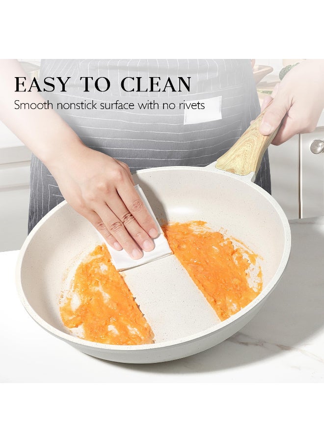 Nonstick Frying Pan Skillet with Lid, 28cm White Granite Non Stick Pans, Omelette Pan with Heat-Resistant Handle, Compatible with All Stovetops, Pfoa Free, Heat Resistant Handle, Induction Compatible - Image 5