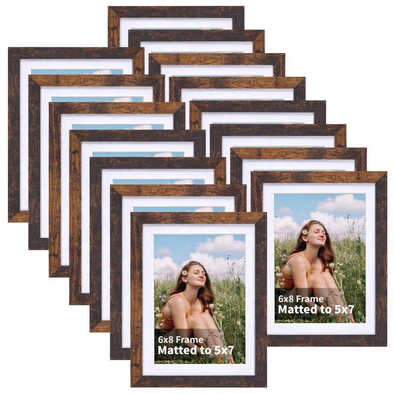 EYMPEU 5x7 Picture Frames with Mat Brown Rustic Wood Set of 15 Display 5 by 7 Photos with Mat or 6x8 Photos without Mat Multi Matted Frames Bulk for Wall Table Top