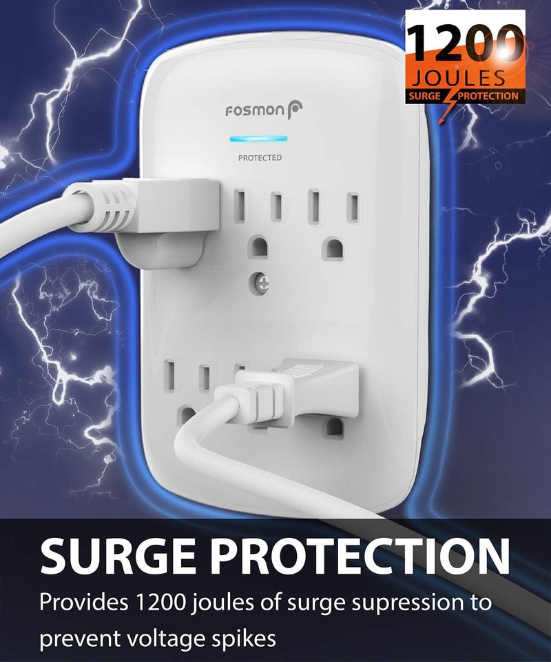 Fosmon 6-Outlet Power Strip Surge Protector 1200 Joules, Wall Mount Adapter Tap, Multi-Plug Outlet Wall Charger Extender, ... - Image 2