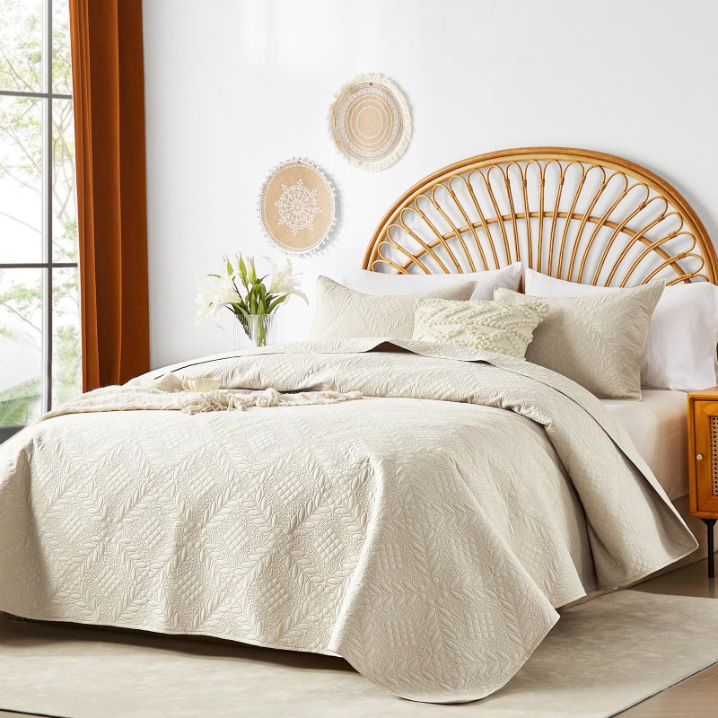 FLYMME Full/Queen Size Quilt Bedding Set Cream White Lightweight Microfiber Soft Bedspread Modern Style Geometric Pattern Coverlet Set for All Seasons 3-Piece(1 Quilt 2 Pillow Shams) - Image 2