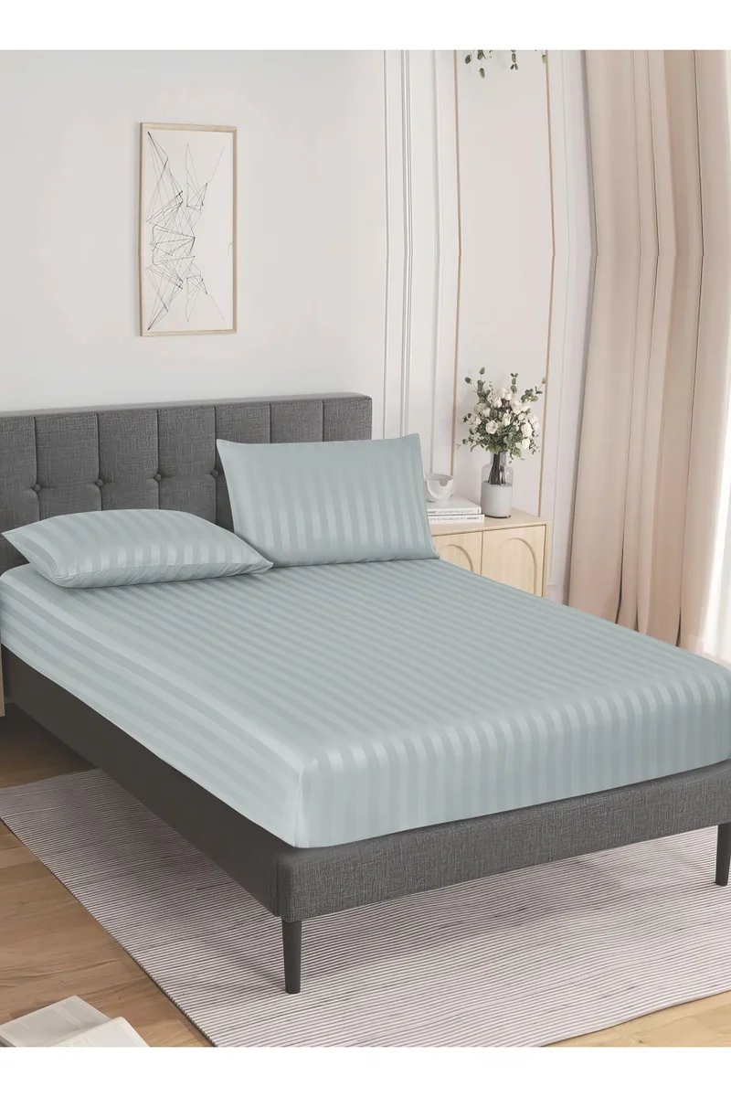 Donetella 3-Piece Striped Bedding Set – King Fitted Sheet 180x200+35 cm with All-Around Elastic &amp; 2 Matching Pillowcases