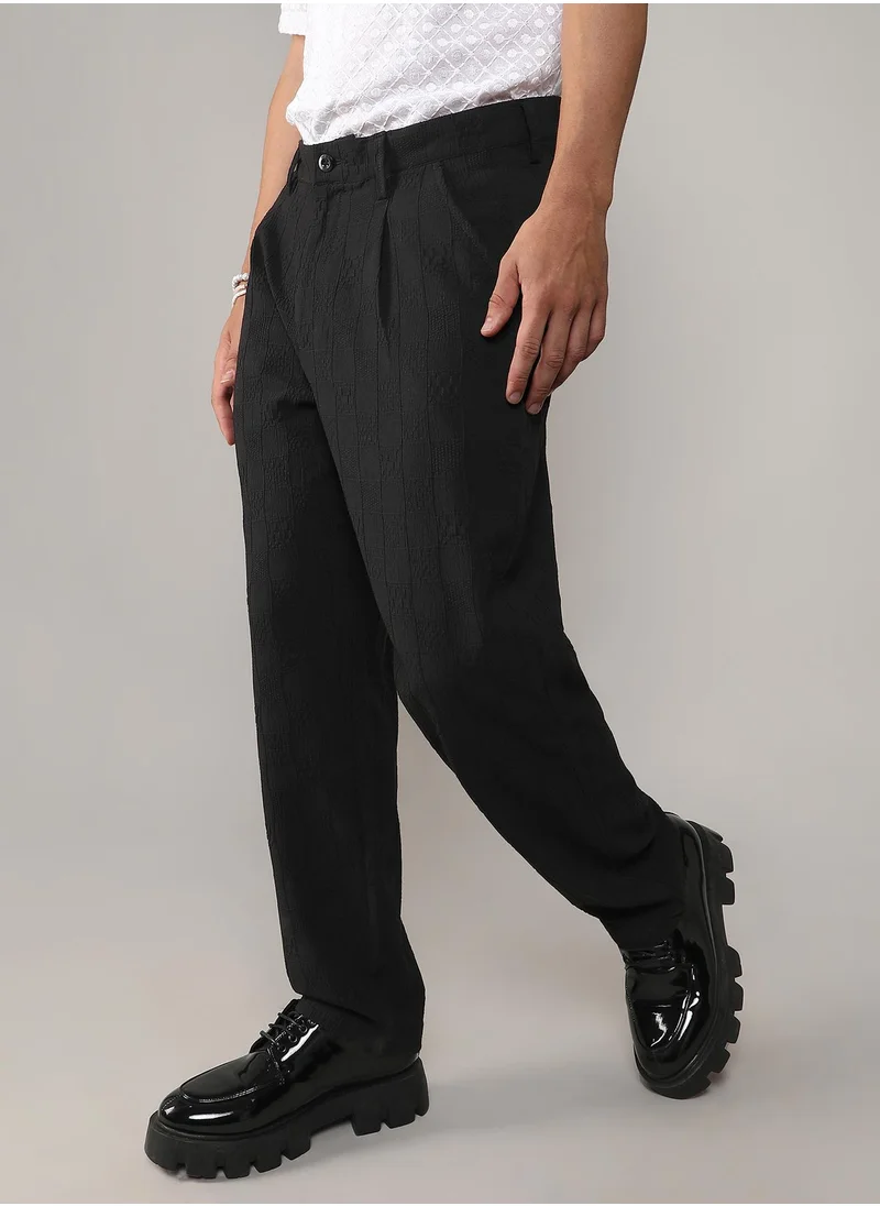 Campus Sutra Men's Midnight Black Creased-Check Trousers