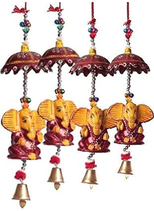 ADITYA IMPEX ADITYA IMPEX Handicraft rajasthane Colored Bells Desing Decorative showpice Wind Chimes for Home Balcony Garden Positive Energy Decor Hanging Long Bells Umbrella Ganesh Set of 4 Piece Multicolour  - Image 1