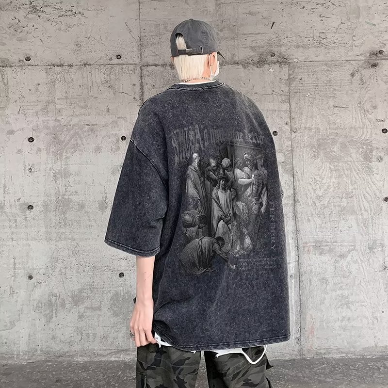 American Style Vintage Washed T-shirt Men's Summer High Street Trendy Brand hiphop Short-sleeved Top Loose Casual Half-sleeved T-shirt - Image 4