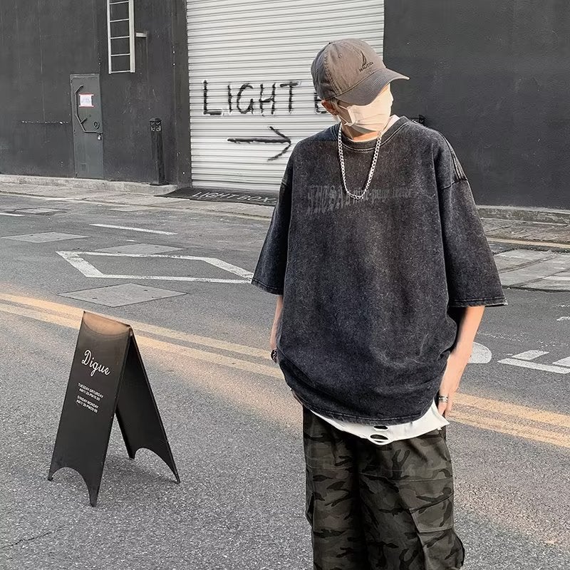 American Style Vintage Washed T-shirt Men's Summer High Street Trendy Brand hiphop Short-sleeved Top Loose Casual Half-sleeved T-shirt - Image 3