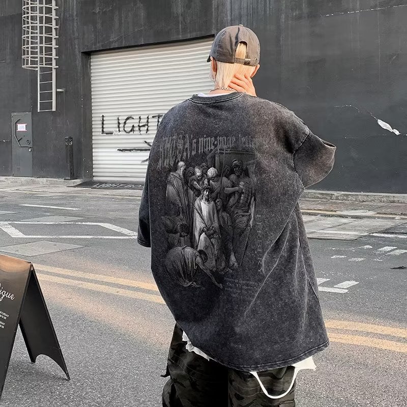 American Style Vintage Washed T-shirt Men's Summer High Street Trendy Brand hiphop Short-sleeved Top Loose Casual Half-sleeved T-shirt - Image 2