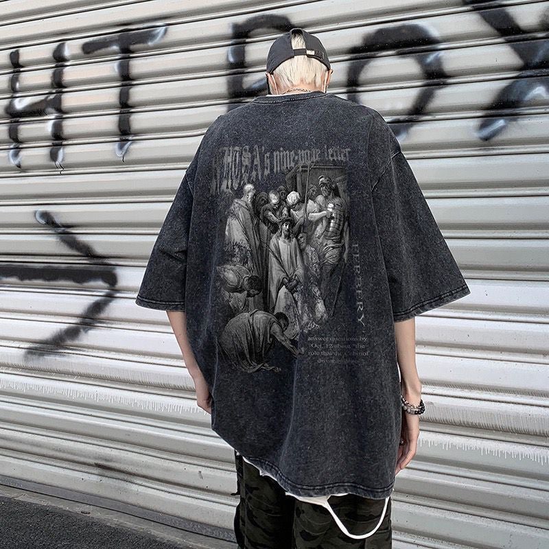 American Style Vintage Washed T-shirt Men's Summer High Street Trendy Brand hiphop Short-sleeved Top Loose Casual Half-sleeved T-shirt - Image 5