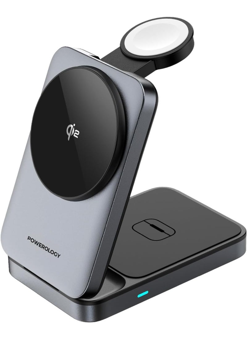 Powerology - Powerology 3-in-1 Foldable Wireless Magnetic Charging Hub, Compatible With Magsafe, Fast Charging, Multi-Device, Horizontal & Vertical View, Type-C Input Interface (Qi2 Fast Charging Multi-Device) - Image 1