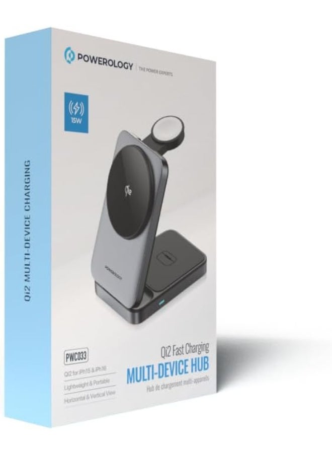 Powerology - Powerology 3-in-1 Foldable Wireless Magnetic Charging Hub, Compatible With Magsafe, Fast Charging, Multi-Device, Horizontal & Vertical View, Type-C Input Interface (Qi2 Fast Charging Multi-Device) - Image 1