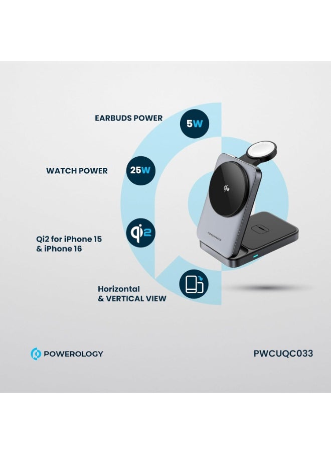 Powerology - Powerology 3-in-1 Foldable Wireless Magnetic Charging Hub, Compatible With Magsafe, Fast Charging, Multi-Device, Horizontal & Vertical View, Type-C Input Interface (Qi2 Fast Charging Multi-Device) - Image 1