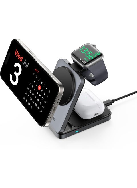 Powerology 3-in-1 Foldable Wireless Magnetic Charging Hub, Compatible With Magsafe, Fast Charging, Multi-Device, Horizontal & Vertical View, Type-C Input Interface (Qi2 Fast Charging Multi-Device)