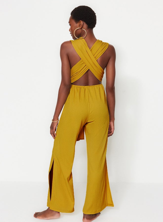 trendyol Oil Green Woven Back Low-cut Jumpsuit TBESS23TU00010  - Image 5