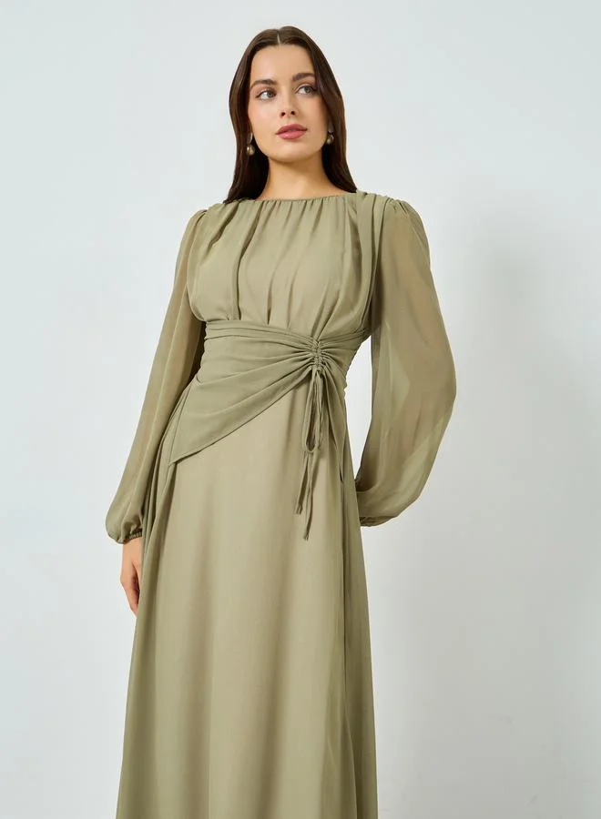 Take Two Khaki Balloon Sleeve Ruched Waist A-Line Maxi Dress