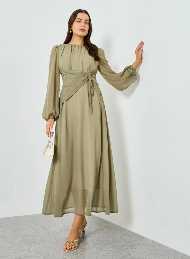 Take Two Khaki Balloon Sleeve Ruched Waist A-Line Maxi Dress