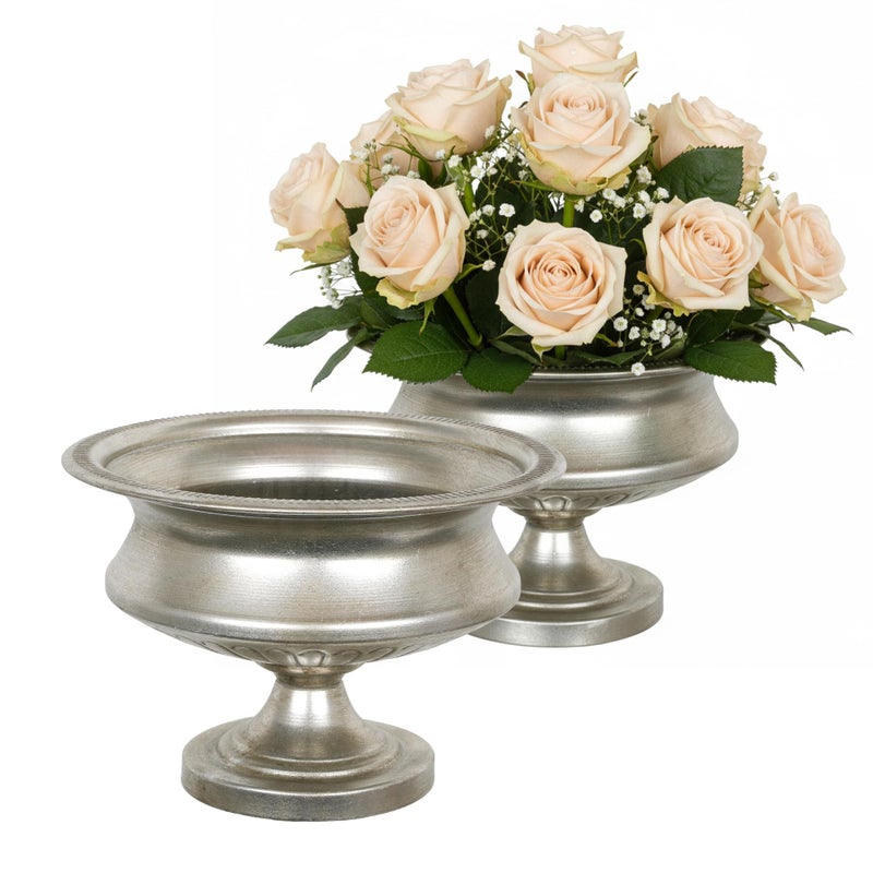 WORTH Silver Color Urn Vase for Centerpieces Set of 2, 8" H. x 11.8" Dia. Metal Trumpet Small Flower Pots for Table, Bowl Vase for Wedding Party Event Home Decor - Image 1