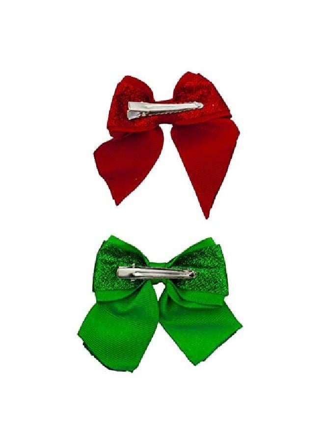 Lux Accessories Christmas Red Green Glittery Fabric Hair Bows Set Of 2 Silver Hair Clips  - Image 4