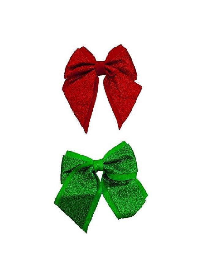 Lux Accessories Christmas Red Green Glittery Fabric Hair Bows Set Of 2 Silver Hair Clips  - Image 3