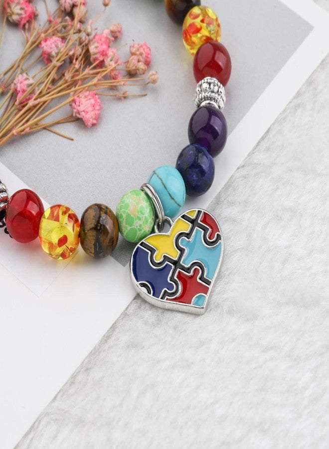 MYOSPARK Autism Puzzle 7 Chakra Beads Elastic Bracelet Autism Awareness Jewelry Gift for Autism Teacher Autism Mom/Aunt/Grandma Gift (Autism Love BR) - Image 3