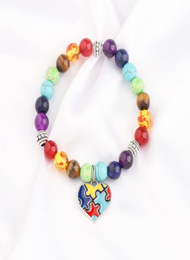 MYOSPARK Autism Puzzle 7 Chakra Beads Elastic Bracelet Autism Awareness Jewelry Gift for Autism Teacher Autism Mom/Aunt/Grandma Gift (Autism Love BR) - Image 2