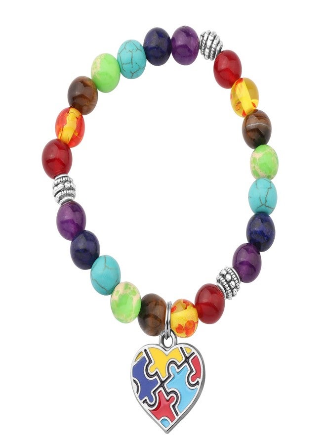 MYOSPARK Autism Puzzle 7 Chakra Beads Elastic Bracelet Autism Awareness Jewelry Gift for Autism Teacher Autism Mom/Aunt/Grandma Gift (Autism Love BR) - Image 1