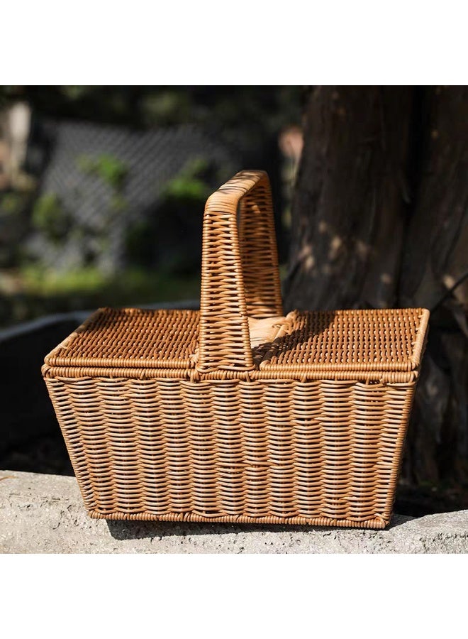 LINGWEI Picnic Basket with Handle and Double Lid 49x30x30cm Picnic Storage Basket - Image 1