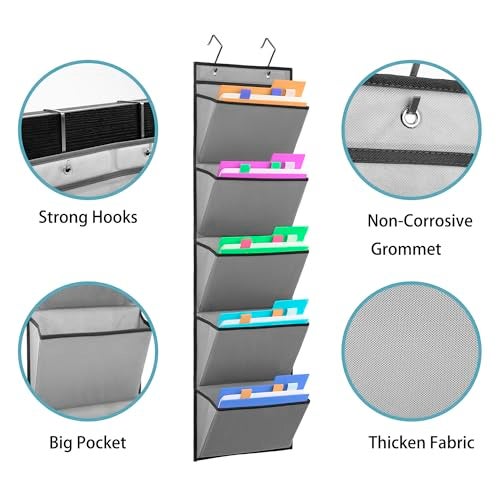 ANIZER Wall Mounted Hanging Mail Organizer Back to School Paper Organizer File Holder for Classroom Office Organization (5 POCKETS-GREY) - Image 3