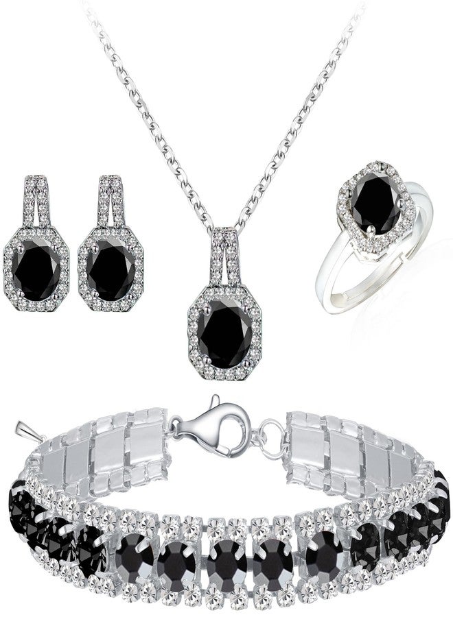 Paxuan Crystal Rhinestone Wedding Jewelry Sets Bridal Pendant Necklace Stud Earrings Link Bracelets Rings Set for Women, Cubic Zirconia - Image 1