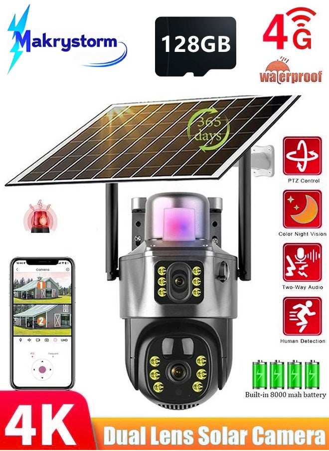 Makrystorm 4K 8MP Solar Camera 4G Sim PTZ Cameras Outdoor Dual Lens IP Camara Solar Panel CCTV Security Built in Battery PIR Cam (With 128GB SD Card)  - Image 1
