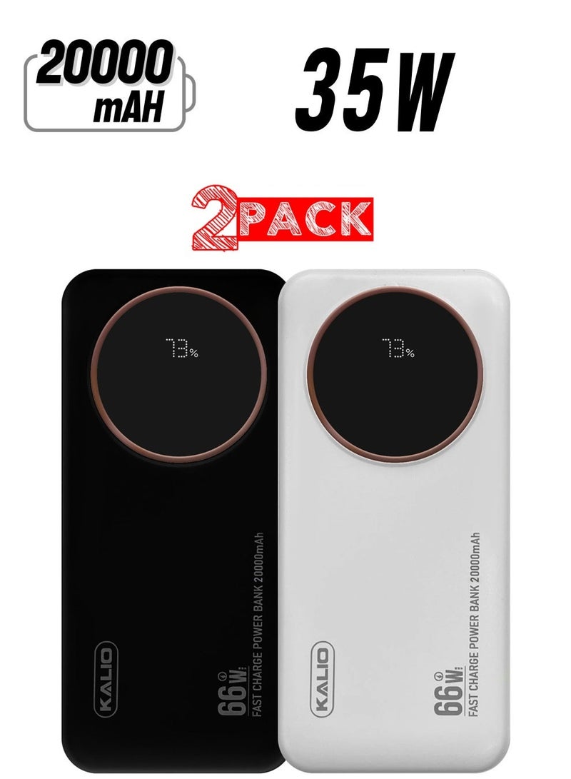 KALIO 2Packs R52A Power Bank 20000mAh - Ultra-Compact 66W High-Speed Charging with PD35W Support and Four Built-in Cables / White Black - Image 2