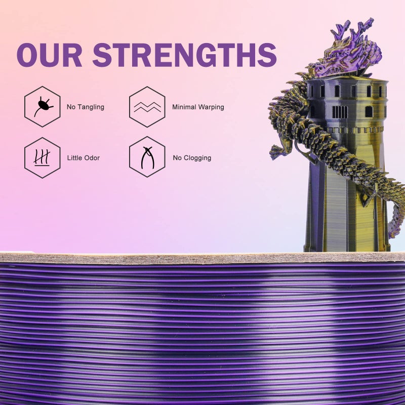 ERYONE Silk Tri Color PLA Filament 3D Printer 1.75mm +/- 0.03mm, Multicolor Filament Tricolor PLA 1KG(2.2lbs) Cardboard Spool, Gold Purple Black - Image 3