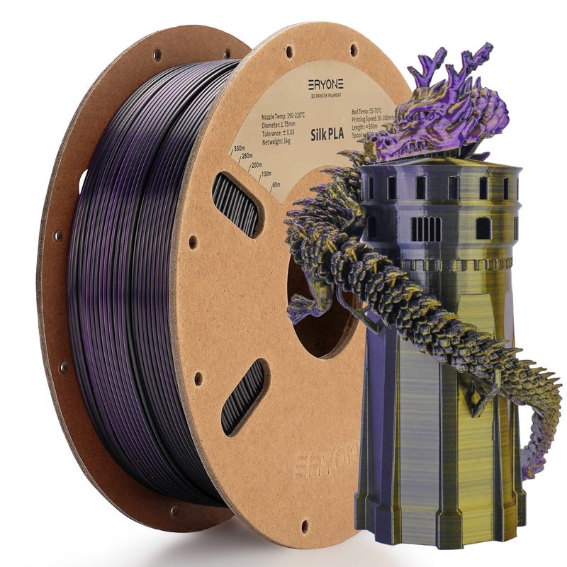 ERYONE Silk Tri Color PLA Filament 3D Printer 1.75mm +/- 0.03mm, Multicolor Filament Tricolor PLA 1KG(2.2lbs) Cardboard Spool, Gold Purple Black - Image 1