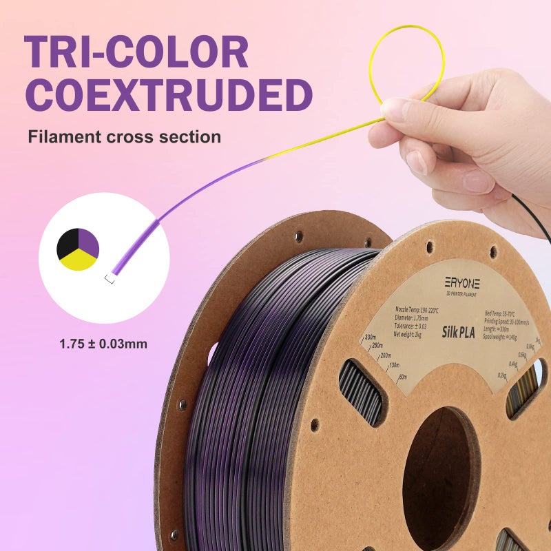 ERYONE Silk Tri Color PLA Filament 3D Printer 1.75mm +/- 0.03mm, Multicolor Filament Tricolor PLA 1KG(2.2lbs) Cardboard Spool, Gold Purple Black - Image 4
