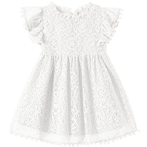 Niyage Toddler Girls Elegant Lace Pom Pom Flutter Sleeve Party Princess Dress White 100 - Image 1