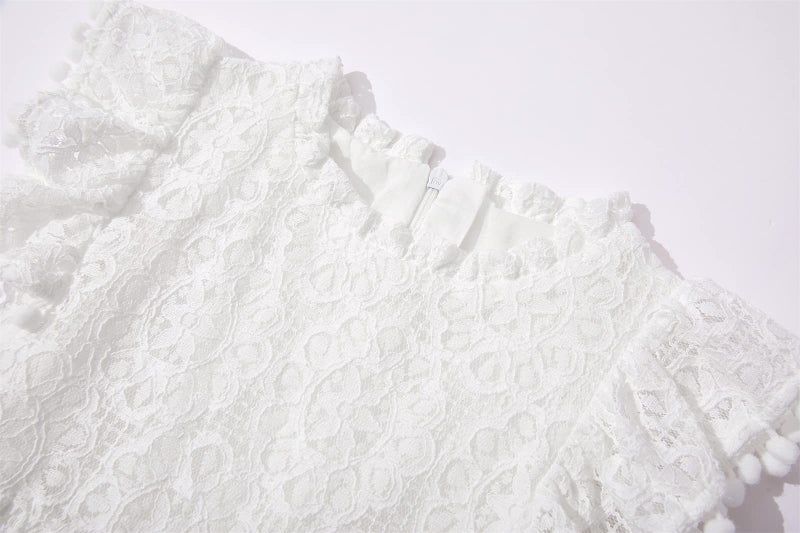 Niyage Toddler Girls Elegant Lace Pom Pom Flutter Sleeve Party Princess Dress White 100 - Image 3