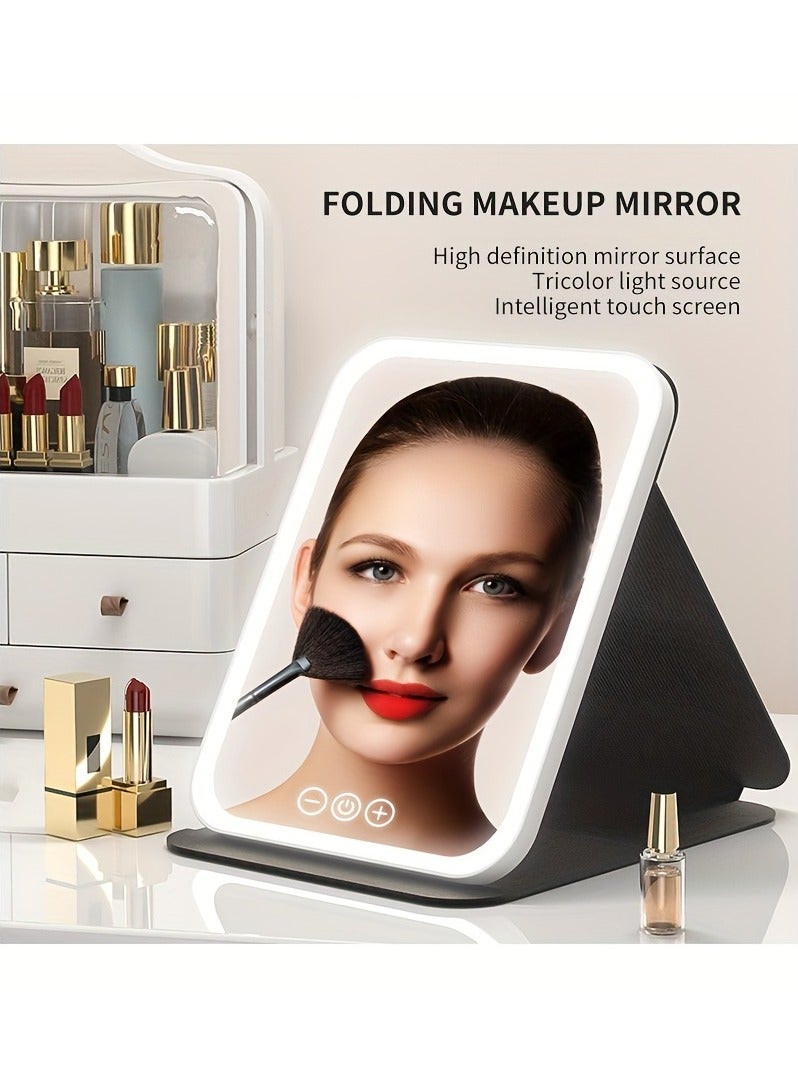 ‌Foldable LED Makeup Mirror with 3-Color Dimmable Lighting | HD Anti-Distortion Glass, Touch Screen Control & USB Rechargeable Design – Portable Travel & Desktop Vanity Mirror for Home, Office, Cosmetics（Pink） - Image 2
