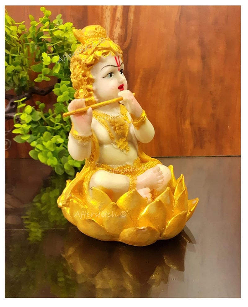 AFTERSTITCH Laddu Gopal Showpiece for Home Dcor Pooja Room Lord Baal Krishna Idols for Car Dashboard Gift Purpose Laddu Gopal Golden Showpiece Resin Golden Large - Image 3