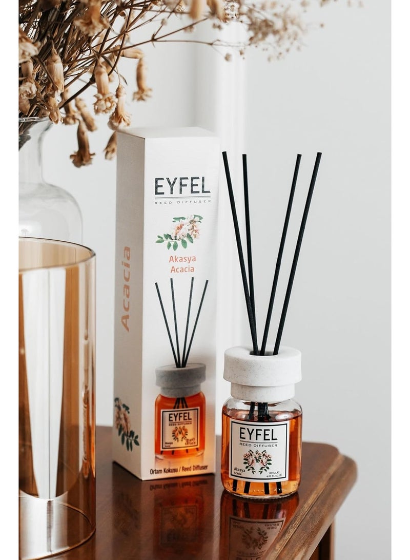 EYFEL Acacia Reed Diffuser Set – Long Lasting Room Fragrance Oil | Air Freshener for Home, Office & Bathroom – Elegant Glass Bottle with Sticks – 120ml - Image 1